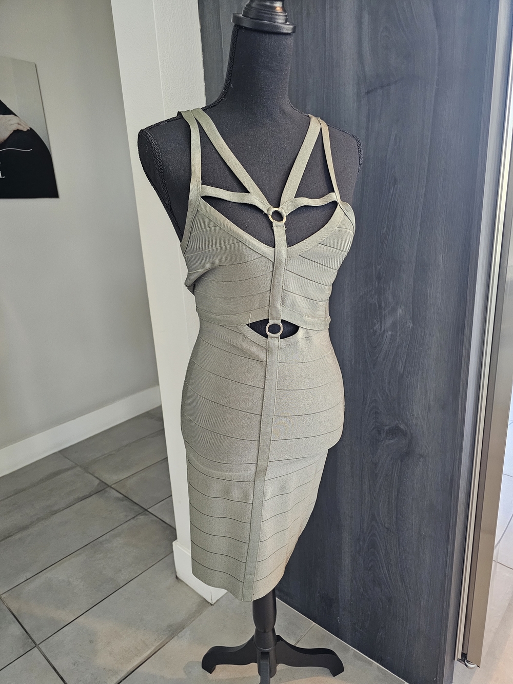 bebe Olive Green Strappy Bandage Midi Dress